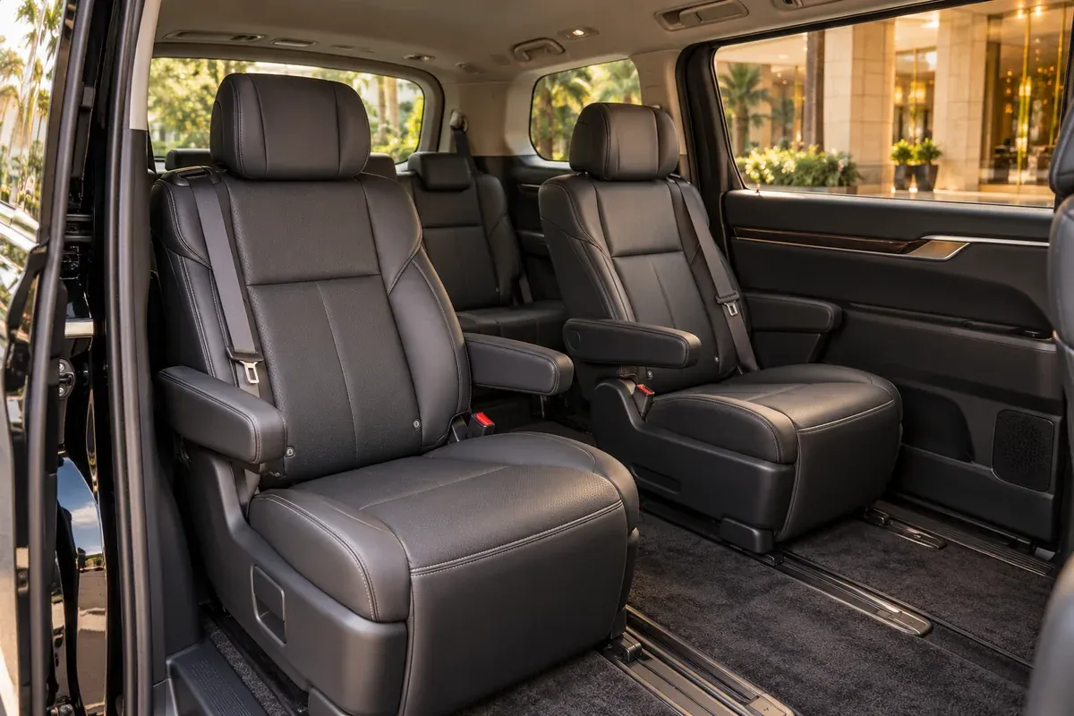 Executive Class interior concept showing charcoal captain seats, a centre aisle and additional rear seating