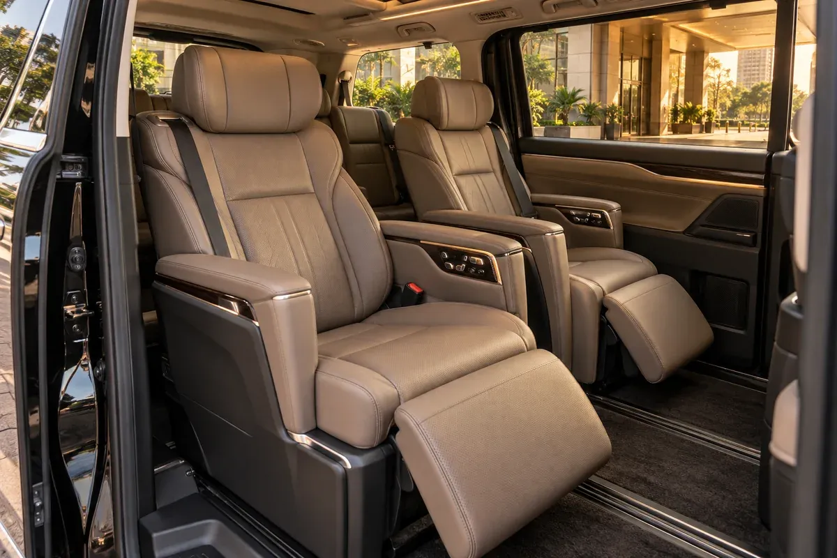 First Class interior concept showing taupe captain seats with powered leg rests and integrated seat controls