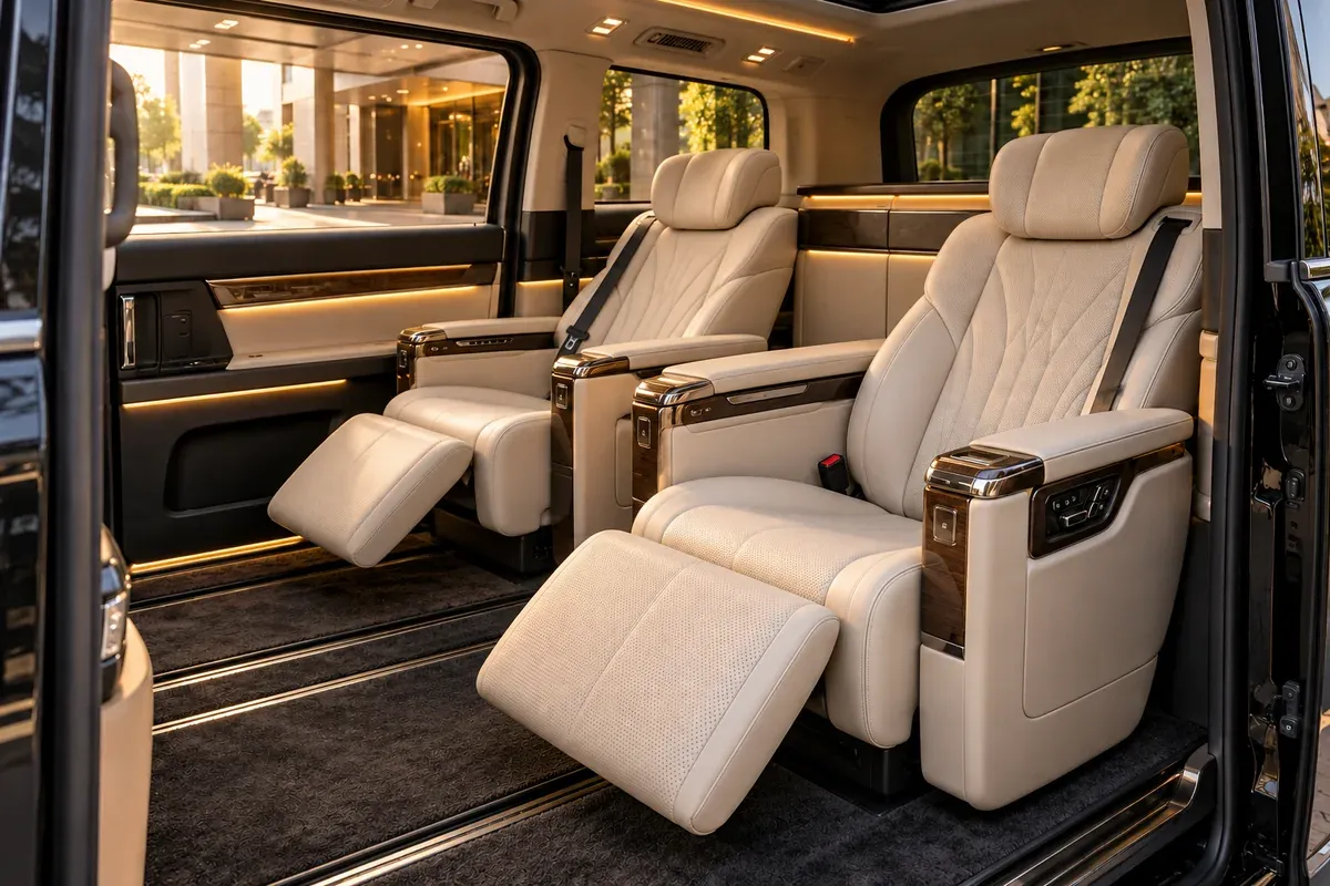 Suite Class interior concept showing a two-guest rear lounge with ivory reclining seats and powered leg supports