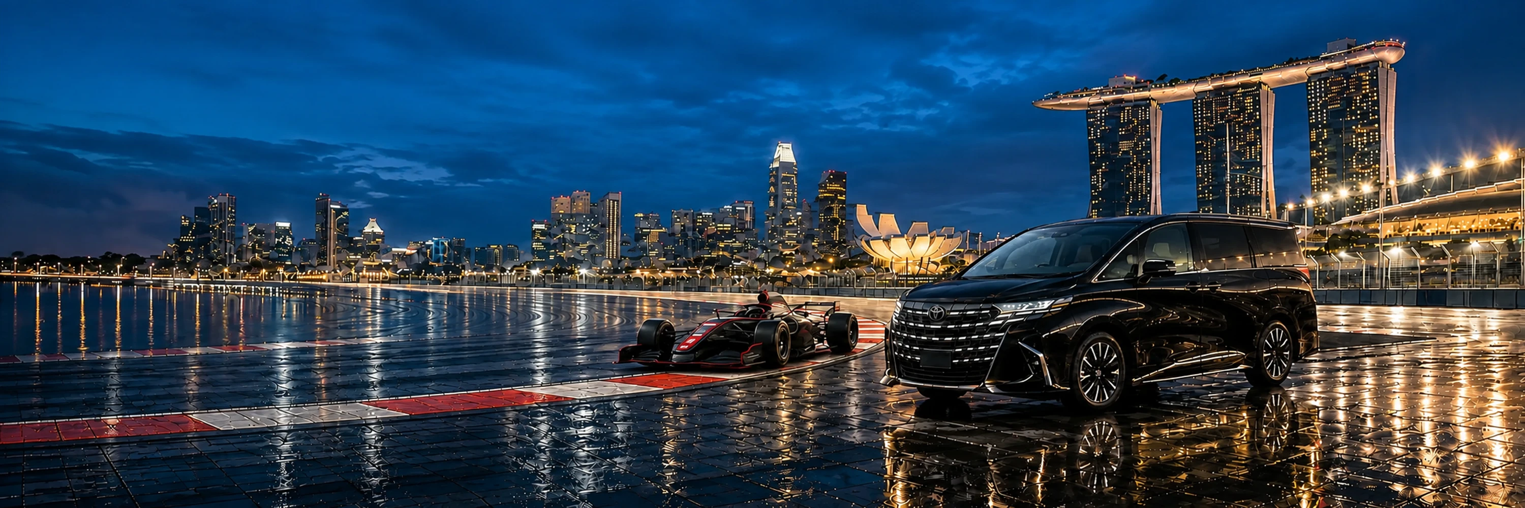 A black chauffeur MPV beside the Singapore night street circuit