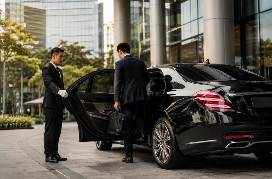 Executive stepping into a chauffeured sedan outside an office tower