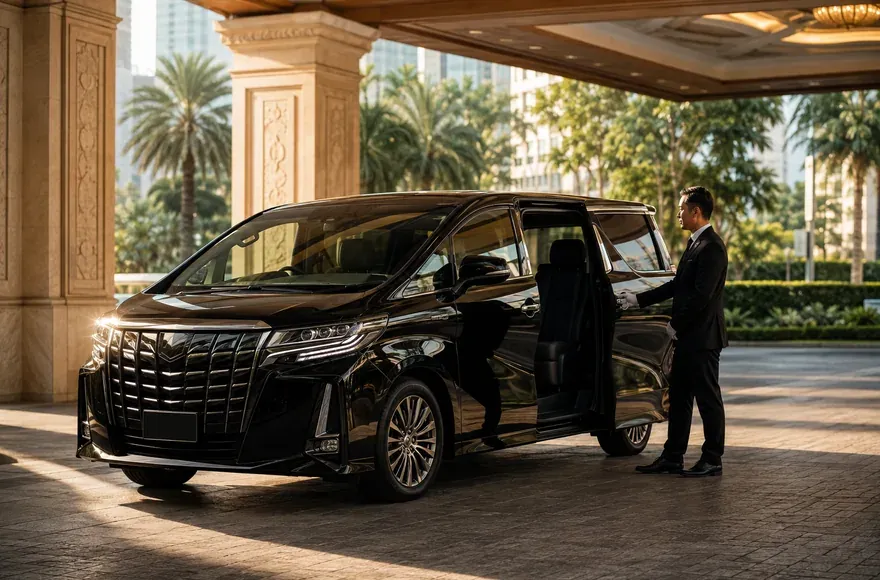 Chauffeur waiting beside an open MPV door at a hotel portico