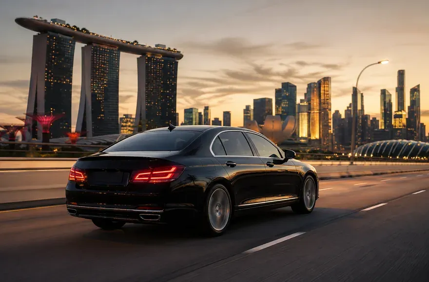 Black sedan on a bayfront road with the Singapore skyline at dusk
