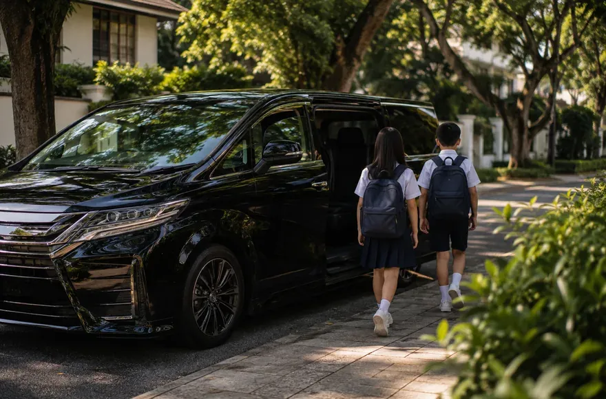 Two children in school uniform boarding a black van on a leafy street