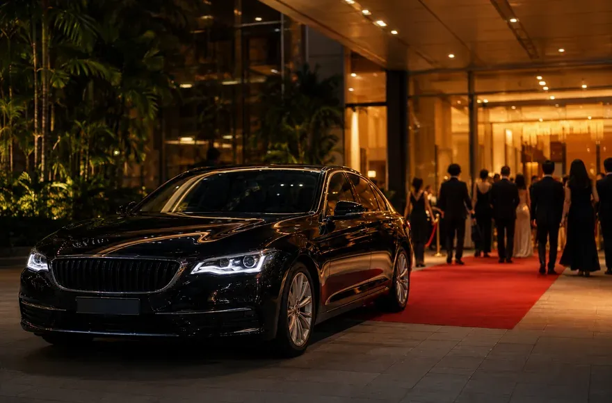 Black sedan at a red-carpet event entrance in the evening