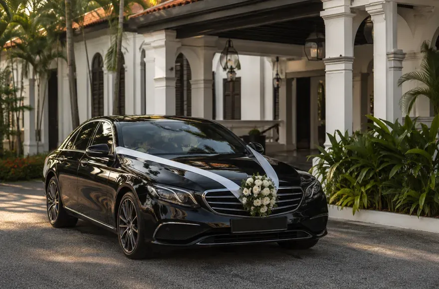 White ribbon and florals on the bonnet of a black wedding car